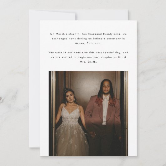 Minimalistische moderne script foto bruiloft Elope Aankondiging (Achterkant)