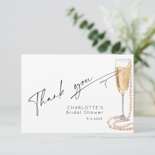 Minimalistische moderne script Parels en Prosecco Bedankkaart (Staand voorkant)