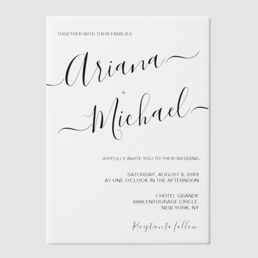 Minimalistische moderne scriptnamen bruiloft overl vellum uitnodigingen (Voorkant)