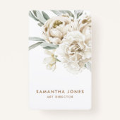 Minimalistische moderne witte Peonie bloemige Wate Badge (Voorkant)