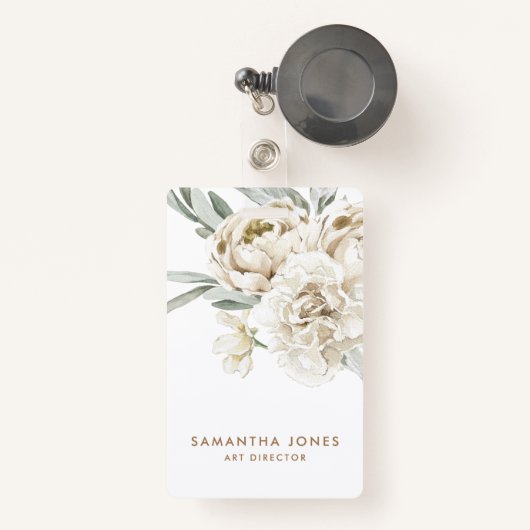 Minimalistische moderne witte Peonie bloemige Wate Badge (Voorkant met intrekbare)