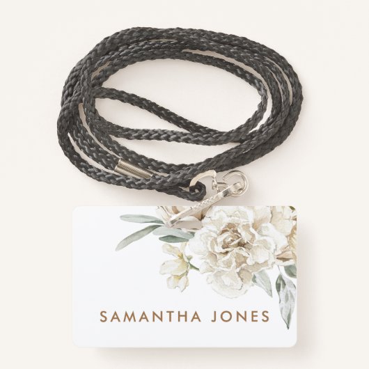 Minimalistische moderne witte Peonie bloemige Wate Badge (Achterkant met draagriem)