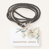 Minimalistische moderne witte Peonie bloemige Wate Badge (Voorkant met draagriem)