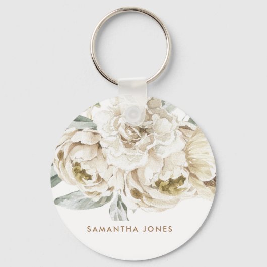 Minimalistische moderne witte Peonie bloemige Wate Sleutelhanger (Achterkant)