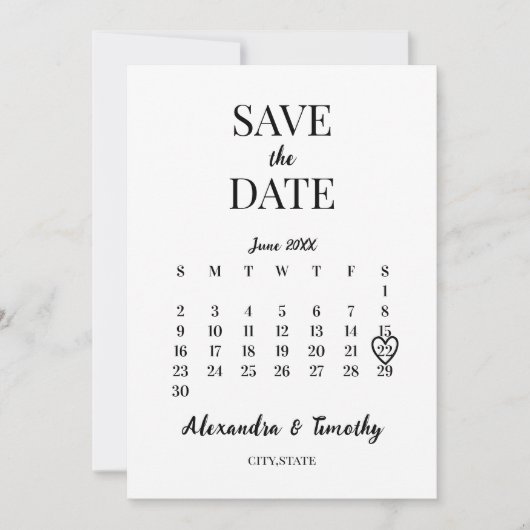 Minimalistische moderne zwart-wit kalender trouwda save the date (Voorkant)