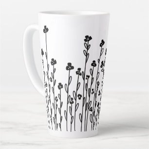 Minimalistische moderne zwart witte doodle bloemen latte mok