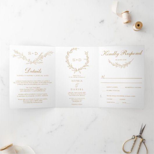 Minimalistische Monogram All-in-One Wedding Invita Drieluik Uitnodiging (Binnen)