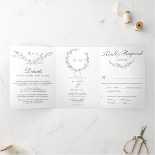 Minimalistische Monogram All-in-One Wedding Invita Drieluik Uitnodiging