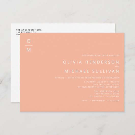 Minimalistische Monogram Peach QR Code Wedding Uitnodiging Briefkaart (Voorkant / Achterkant)