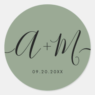 Minimalistische Monogram Script Groene Aangepaste  Ronde Sticker