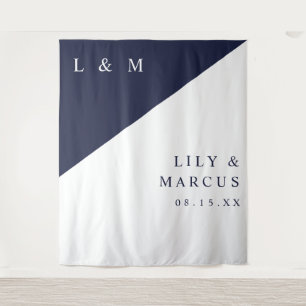 Minimalistische Navy Blauw Witte Trouwfoto Achterg Wandkleed