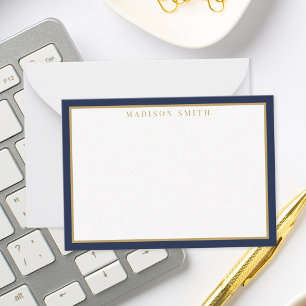 Minimalistische Navy Blauwe en Gouden Monogram Notitiekaartje