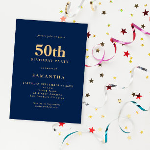 Minimalistische Navy Blauwe Gouden 50ste Verjaarda Kaart
