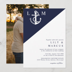 Minimalistische Navy Blauwe Zeevaarts Bruiloftsfot Kaart