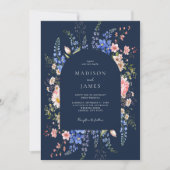 Minimalistische Navy Blue Boho Wildflower Wedding Kaart (Voorkant)