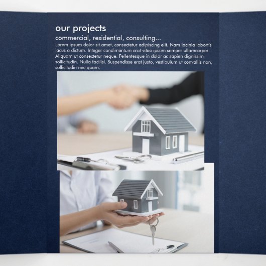 Minimalistische Navy Blue Real Estate Fold Kaart (Binnenkant midden)