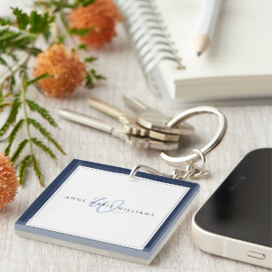 Minimalistische Navy Blue Script Tweegrens Monogra Sleutelhanger