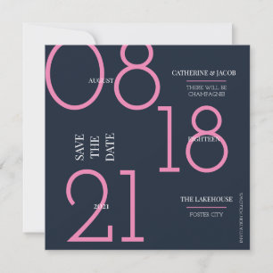 Minimalistische Navy Roze Trouwkaart met geestige Save The Date