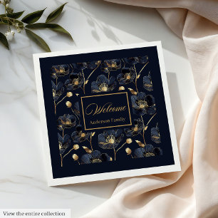 Minimalistische Navy servetten Gouden Bloemen Mono