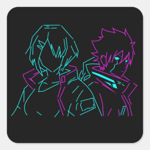 Minimalistische Neon Roze & Blauwe Cyberpunk Anime Vierkante Sticker