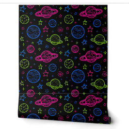 Minimalistische Neon Ruimte & Planeten Nachtelijke Behang