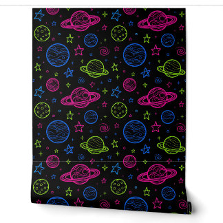 Minimalistische Neon Ruimte & Planeten Nachtelijke Behang