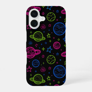 Minimalistische Neon Ruimte & Planeten Nachtelijke iPhone 16 Hoesje