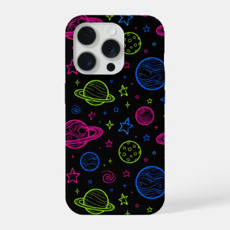 Minimalistische Neon Ruimte & Planeten Nachtelijke iPhone 15 Pro Hoesje