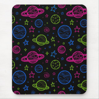Minimalistische Neon Ruimte & Planeten Nachtelijke Muismat
