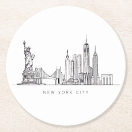 Minimalistische New York City Skyline Lijnkunst Ronde Kartonnen Onderzetter