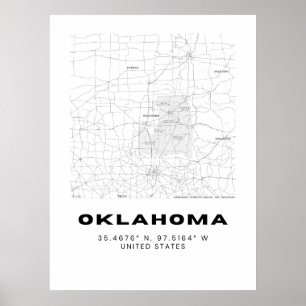 Minimalistische Oklahoma Kaart Kunst - Zwart en Wi Poster