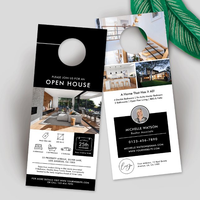 Minimalistische Open Huis Nodig Makelaar uit (Minimalist modern real estate house for sale marketing door hanger with photos and custom text)