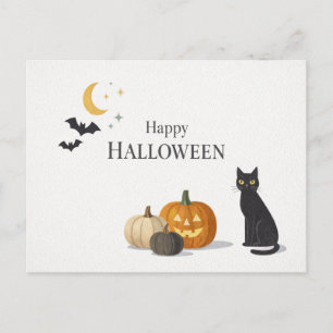 Minimalistische oranje pompoen zwarte kat Hallowee Feestdagenkaart