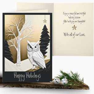 Minimalistische Origami Christmas Owl Snowy Forest Kaart