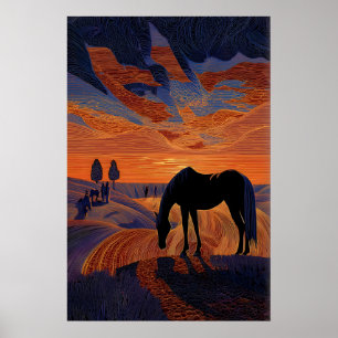 Minimalistische paard zonsondergang print, Silhoue Poster
