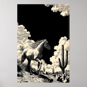 Minimalistische paarden muur kunst, woestijn cactu poster