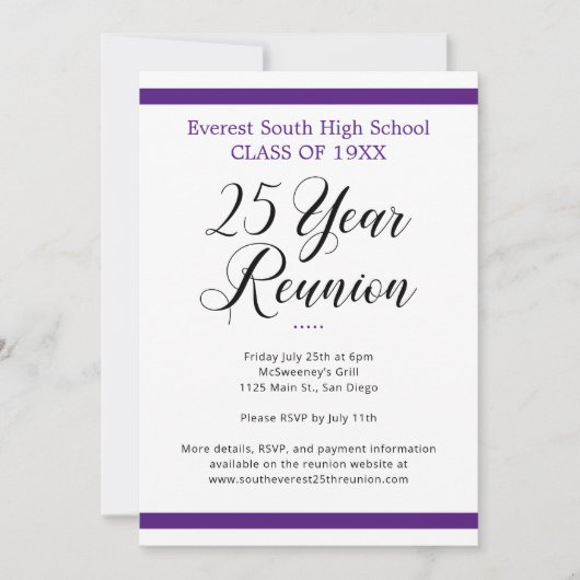 Minimalistische Paarse en Witte 25 Jaar Klasse Reü Kaart (Voorkant)