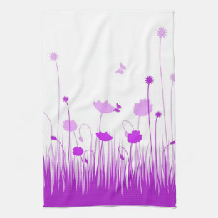 Minimalistische Paarse en Witte Poppies Meadow Flo Theedoek