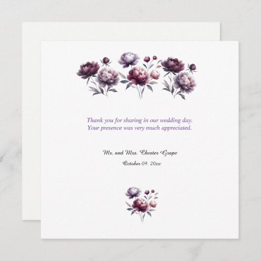 Minimalistische Paarse pioenrozen bruiloft bedankt (Voorkant / Achterkant)