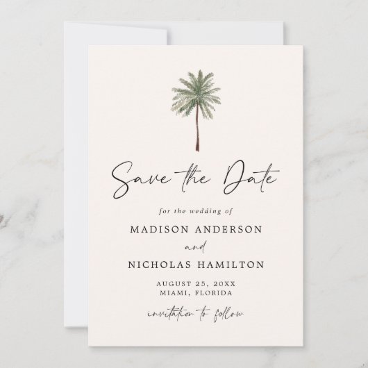 Minimalistische palmboom foto bruiloft save the date (Voorkant)