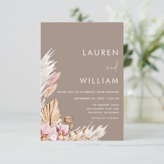 Minimalistische pampas gras boho bruiloft uitnodig kaart (Staand voorkant)