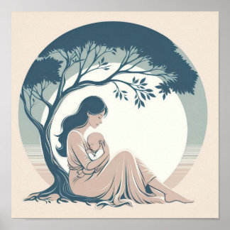 Minimalistische Pastel Kunst van Moeder met Baby Poster