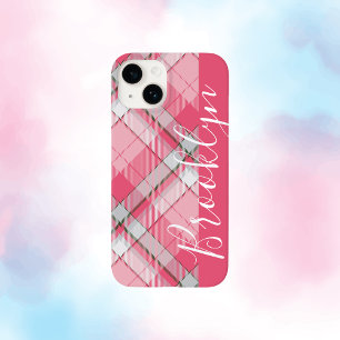 Minimalistische pastel roze geruite aangepaste naa Case-Mate iPhone 14 hoesje