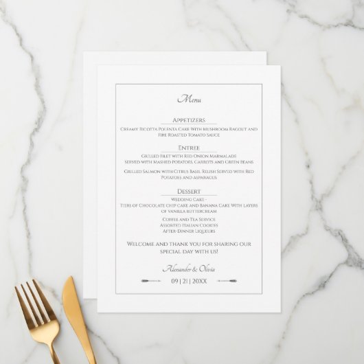 Minimalistische pijlen bruiloft | Wit Menu (Voorkant / Achterkant in situ)