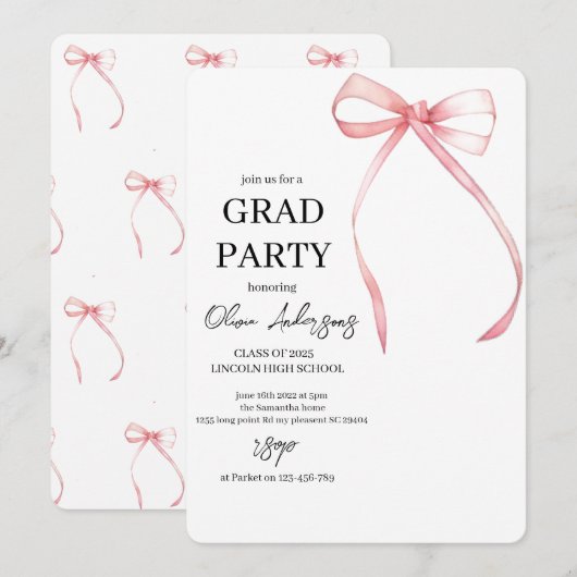 Minimalistische Pink Ribbon Graduation Party Kaart (Voorkant / Achterkant)