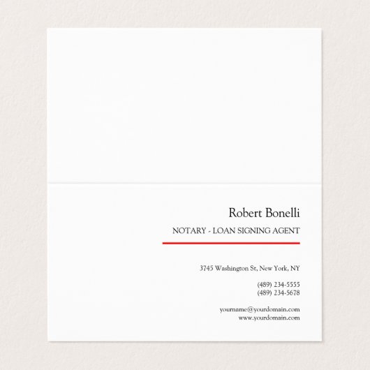 Minimalistische Plain Red White Moderne Notaris Visitekaartjes (Buitenkant ongevouwen)
