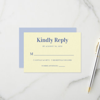 Minimalistische plicht blauw & geel kust bruiloft RSVP kaartje