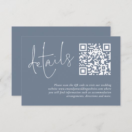 Minimalistische QR-code Dusty Blue Wedding Details Informatiekaartje (Voorkant / Achterkant)