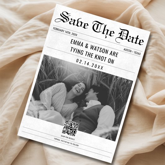 Minimalistische QR-code krant Fotobruiloft Save The Date