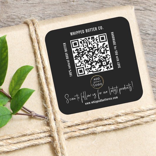 Minimalistische QR-code + LOGO Black Volg ons! Vierkante Sticker